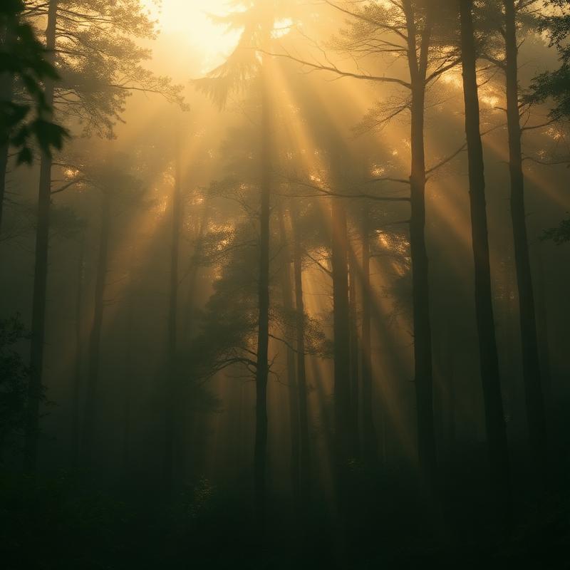 Floresta antiga na névoa do amanhecer